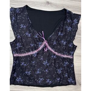Romwe Y2k Womens XL Black Violet  Floral Mesh Lace Trim V-Neck Cap Sleeve Sz XL
